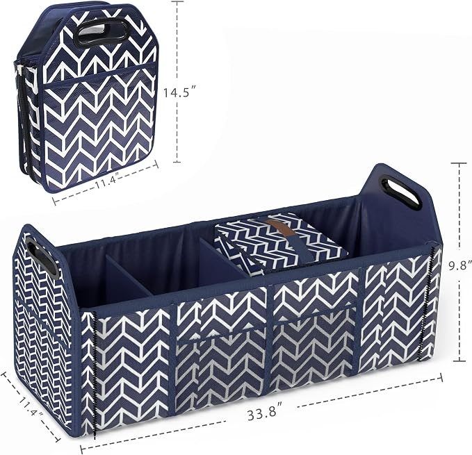 Trunk Organizer for car, Foldable Car Storage Bag Portable Insulation Cooler Bag Collapsible Vehicle Organizer Divider Storage Totes with 4 Compartment Cargo Tote for Groceries Caddy SUV, Navy Blue
