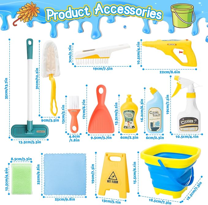 deAO Kids Car Wash Toy Cleaning Set with Brush Spray Bottle Ages 3+ | 13Pcs Cleaning Toy Set with Bucket,Caution Sign,Christmas Birthday Gift,for Girls Boys