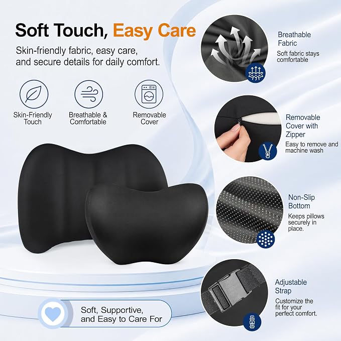 Allaboutsla Lumbar Back Support Pillow for Car, Neck Headrest Pillow Set | Memory Foam Car Neck Support for Driving with Car Back Support, Adjustable Straps, Head Rest Pillow for Cars, Trucks, Black