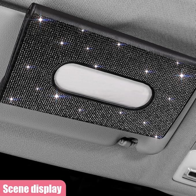Bling Car Sun Visor Tissue Box Holder, PU Leather Auto Paper Towel Cover, Glitter Crystal Rhinestone Napkin Holder, Car Decoration Accessories for Women (Black)