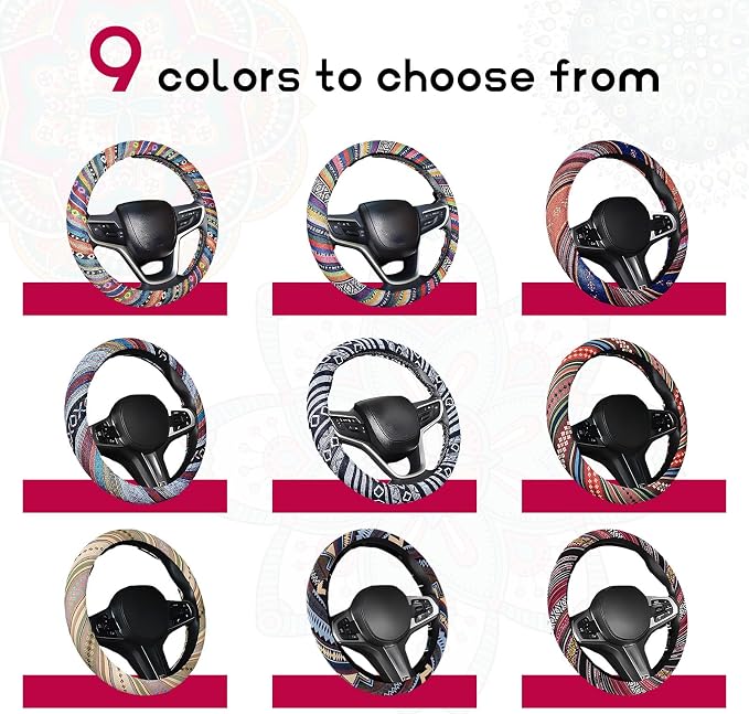 Boho Steering Wheel Cover, Anti-Slip Coarse Flax Cloth Ethnic Style Auto Wheel Cover, Breathable Boho Auto Steering Wheel Protector for Women Men, Car Accessories (Style A)