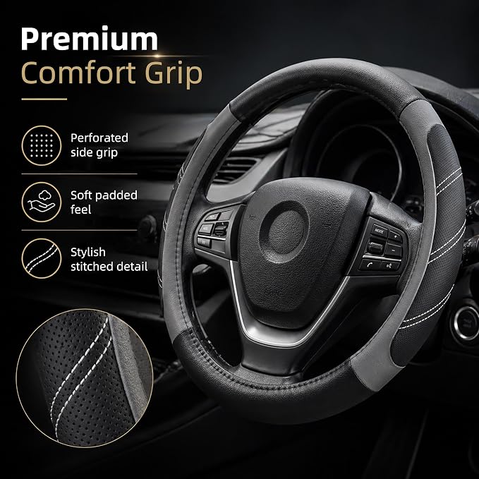 Elantrip Leather Large Steering Wheel Cover 14 1/2 inch to 15 inch Universal, Soft Grip Breathable for Car Truck SUV Jeep Anti Slip Gray