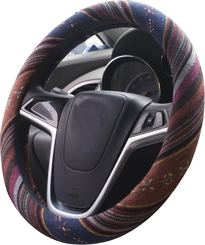 Medium Ethnic Style Coarse Flax Cloth Automotive Steering Wheel Cover Anti Slip and Sweat Absorption Auto Car Wrap Cover (14.5''-15'',F)