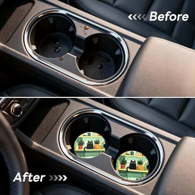 2 Pack Ceramic Car Coasters for Cup Holder, 2.56 in Anti Slip Absorbent Coaster with Cork Base and Finger Notch, Funny Cute Car Accessories for Women, Poke Face Cat