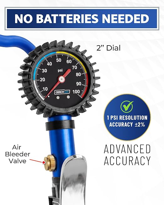 Tire Inflator with Pressure Gauge and Longer Hose - Most Accurate, Heavy Duty Air Chuck with Gauge for Air Compressor Tire Inflator Attachment - 100PSI