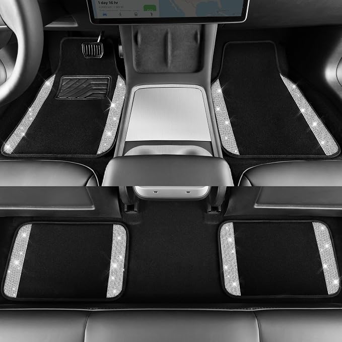 CAR PASS 23 PCS Bling Diamond Car Accessories Set for Women, Leather Seat Covers Full Set Sparkly Rhinestone15'' Steering Wheel Covers Shining Car Floor Mats Cute Aotumotive Interior Sets, Silver