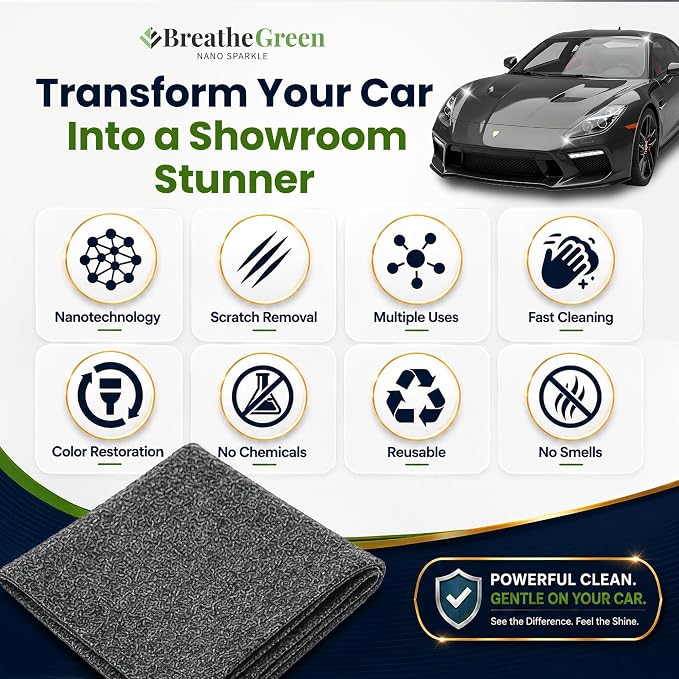 Breathe Green Nano Sparkle Cloth Car Scratch Remover, Advanced Nanotech | Reusable Nanosparkle Cloth for Car Scratches, Repair and Buffer, Nanotechnology Safe for All Cars, Colors & Clear Coats