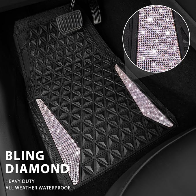 CAR PASS Bling Diamond Car Mats Rubber Floor Mats Full Set Anti-Slip 3D Rhombus Waterproof Trim Fit Liner Universal Glitter Crystal Sparkly Shining Rhinestone Girl Women SUV Sedan, Multicolor Diamond