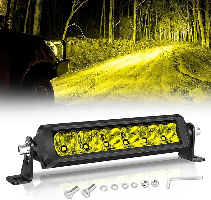 8 Inch Light Bar Single Row 8” Yellow Fog Lights Slim LED Bar Spot Flood Offroad Driving Light for ATV UTV Dirt Bike Motorcycle Truck Pickup
