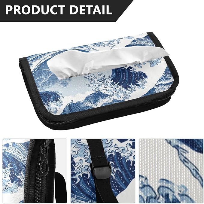 Car Tissue Holder Car Napkin Holder Tissue Box Dispenser Storage Case Sun Visor Mask Holder Accessories with Adjustable Straps Reusable Refillable Deep Blue Wave Pattern Snow Mountain