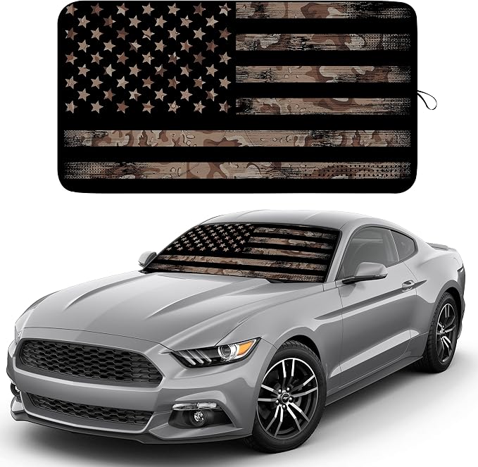 EcoNour 240T Windshield Sun Shade & Window Tint – American Flag & Bald Eagle – UV & Heat Protection for Cars, Interior Cool Trucks, SUVs – Foldable Reflective Sun Visor (64" x 34")