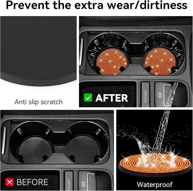 SINGARO Bling Cup Holder Coasters for Car, 2PCS Universal Non-Slip Cup Holder, Embedded Decorative Coasters, Shiny Crystal Car Interior Accessories Gifts for Women (Orange)
