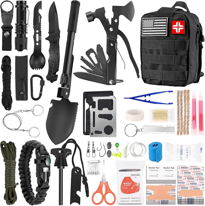 LUXMOM Survival Kit and First Aid Kit, 142Pcs Professional Survival Gear and Supplies Equipment with Molle Pouch, Gift for Fathers Day Men Dad Husband Camping Hiking Hunting Outdoor Adventure