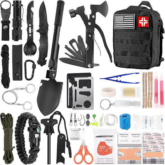 LUXMOM Survival Kit and First Aid Kit, 142Pcs Professional Survival Gear and Supplies Equipment with Molle Pouch, Gift for Fathers Day Men Dad Husband Camping Hiking Hunting Outdoor Adventure