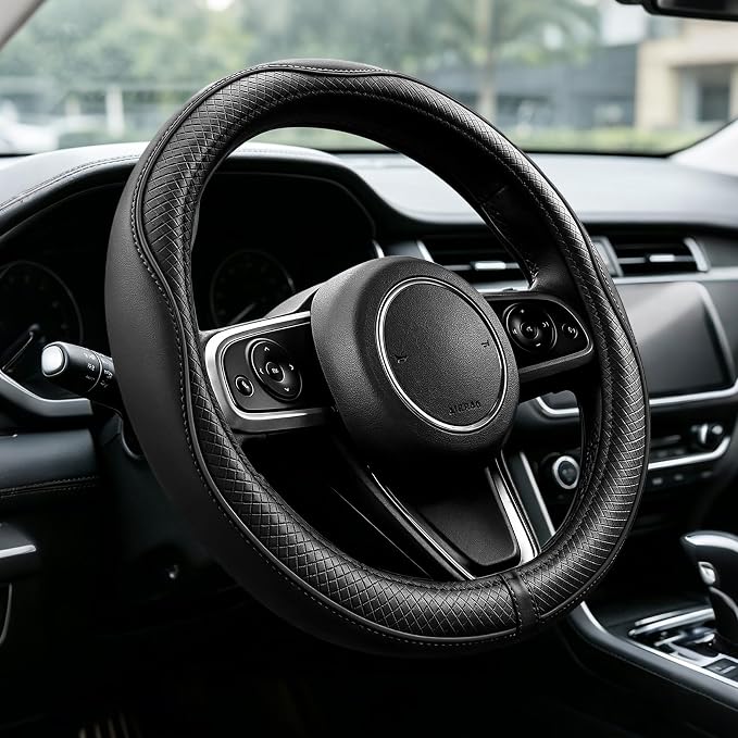 Car Steering Wheel Cover, Durable Leather Cover with Anti-Slip Lining, Breathable Microfiber Leather Auto Wheels Protector, Comfortable Non-Slip Steering Wheel Covers for Most Vehicles (Black)