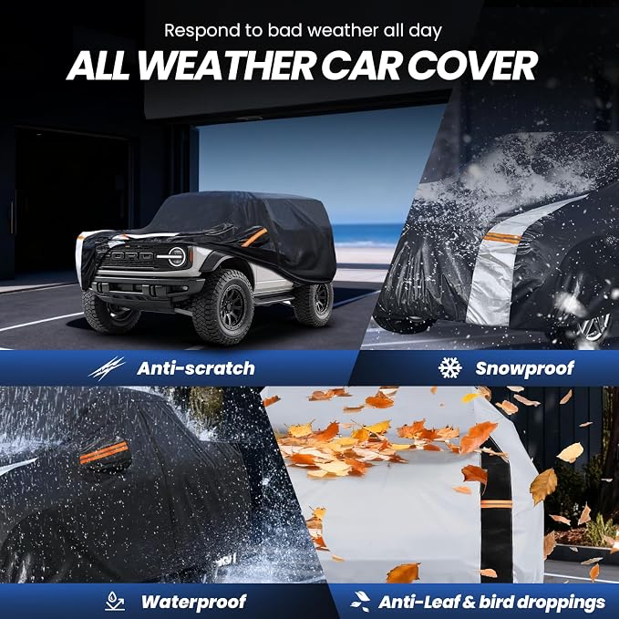 Multi-Layer Car Cover Custom Fit for Ford Bronco 2dr/Sport(2020-2026), 100% Waterproof All Weather for Automobiles, Gift with Towel, Heavy Duty Car Covers for Rain Sun UV Protection with Door Zipper