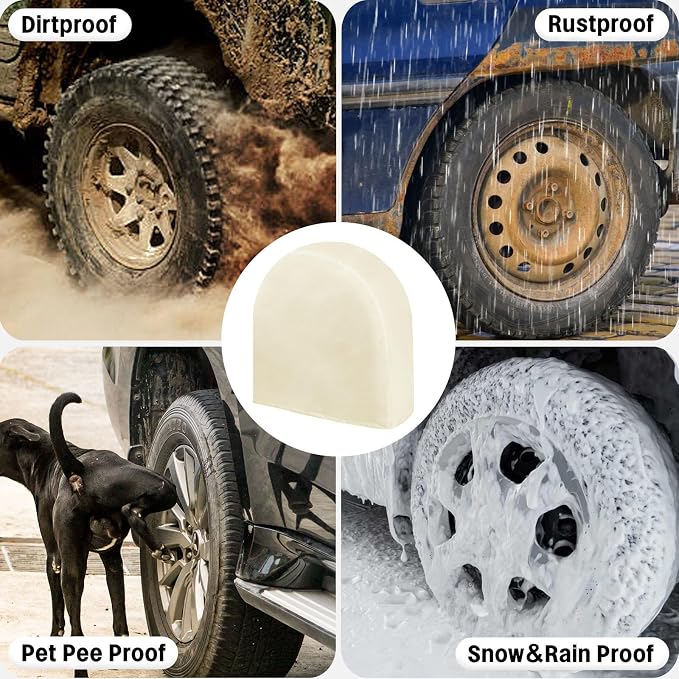 OutdoorLines Waterproof Tire Covers Set of 4 | UV Proof Trailer Wheel Cover for RV Jeep Trailer Camper, Universal Tire Covering Fits Diameters 24"-26", Off White