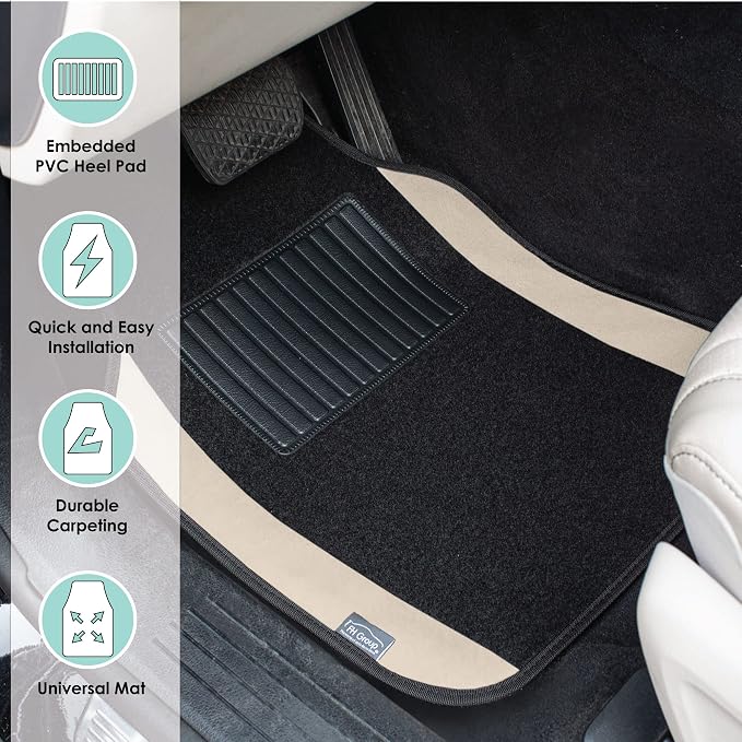 FH Group Automotive Floor Mats – Universal Fit Premium Carpet Car Mats with Driver Heel Pad, Full Set for Cars, SUVs & Trucks - Beige