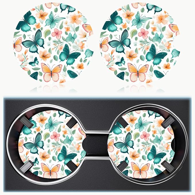 Car Cup Holder Coaster Set of 2, 2.56 in Ceramic Coasters, Scratch-Resistant Cork Backing, Finger Groove Design for Easy Placement, Cute Car Accessories Interior for Women (Butterfly)
