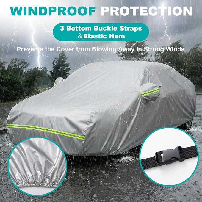 Favoto Sedan Car Cover Waterproof All Weather Heavy Duty Car Cover | Outdoor Automatic Car Covers with Air Vent Sun Snow Dust UV Protection Tearproof Cover Universal Fit for Sedan (185-193 in)