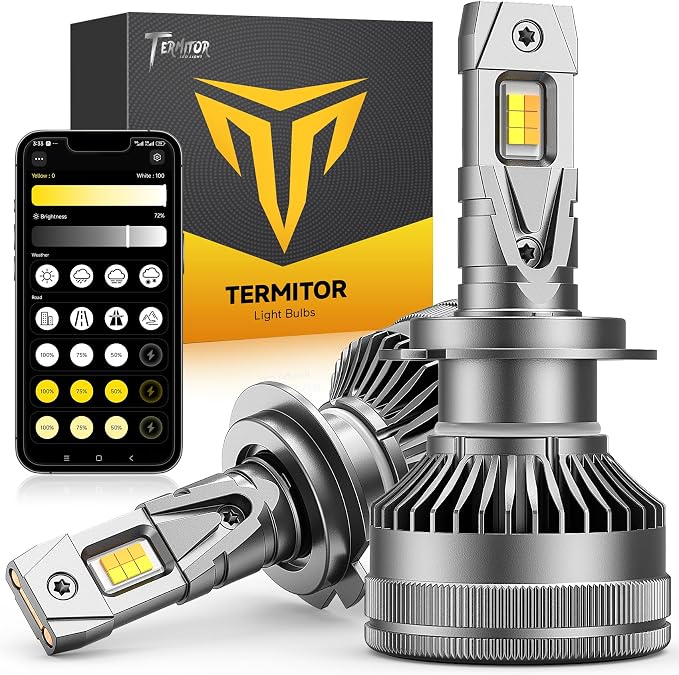 Termitor Smart H7 Light Bulb, 0-75,000LM 1500% Super Brighter, App-Controlled Dimming & Color Temperature, 3000K Yellow to 6500K Cool White for Bluetooth H7 Fog Light, Plug and Play, Pack of 2