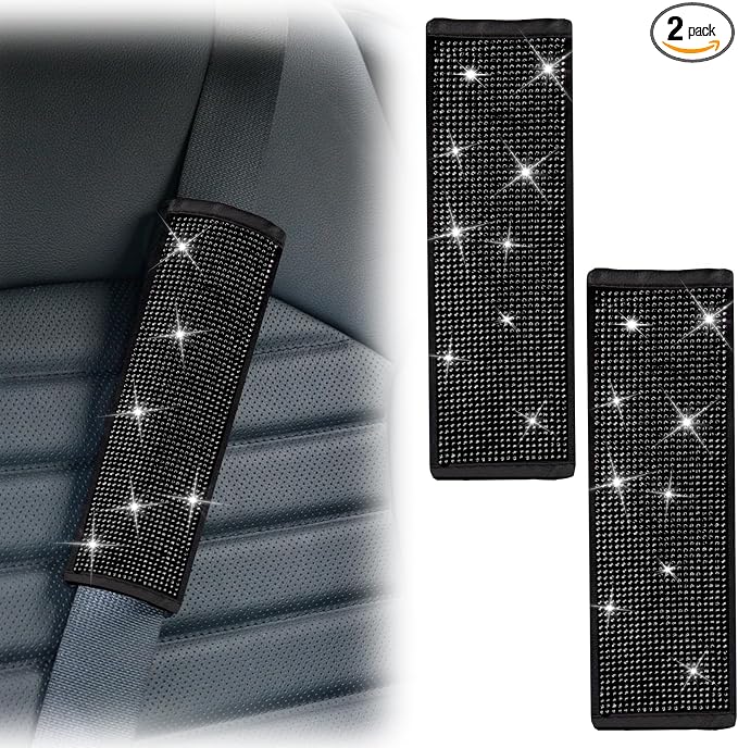 ecocstm 2 PCS Bling Car Seat Belt Shoulder Pads, Bling Seat Belt Covers with Bling Rhinestones, Car Accessories Seatbelt Strap Pad with Crystal Diamond for Car, Truck, SUV (Black Diamond)
