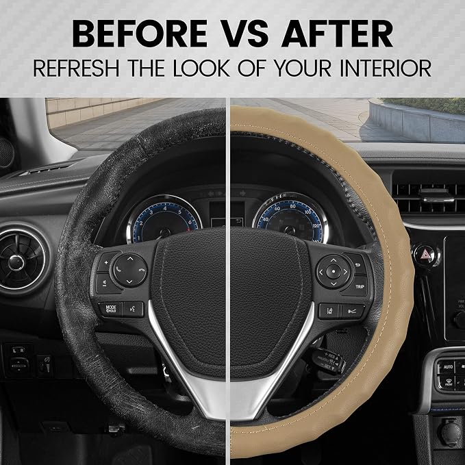 BDK Beige Leather Car Steering Wheel Cover Large Size 15.5 to 16 inch, Easy Installation