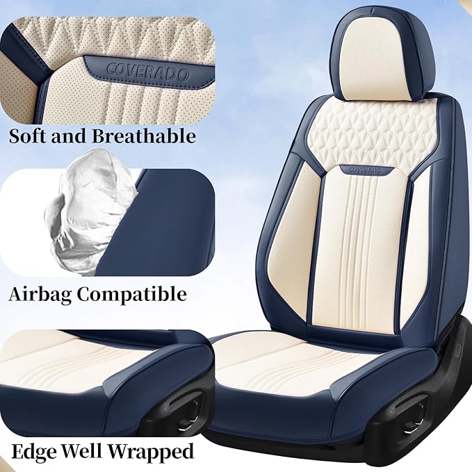 Coverado Front Seat Covers, Car Seat Covers Front Seats, Leather Seat Cover for Cars, Waterproof Seat Covers, Car Seat Protector, Driver Seat Cover Car Seat Cushion Universal for Most Cars, Blue&White