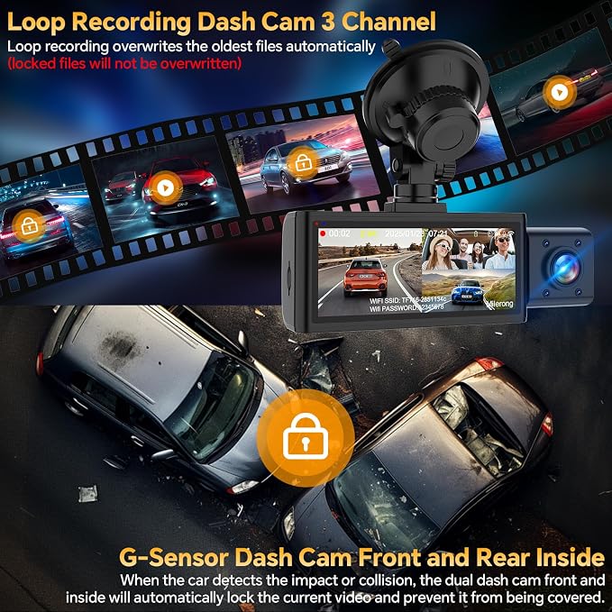 3 Channel 4K Dash Cam Front Rear and Inside with 5G WiFi & APP Control | 4K/2.5K+1080P+1080P Dashcam for Car, Dash Camera with 64GB Card, 24H Parking Monitor, Night Vision, Loop Recording, G-Sensor