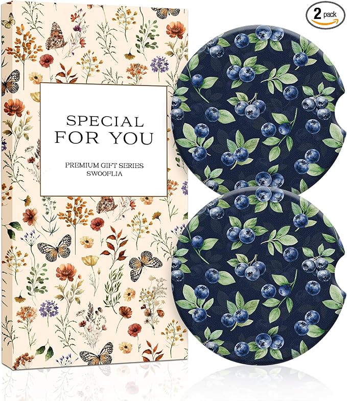 Swooflia Car Coasters for Women - Blueberry Ceramic Car Cupholder Coaster Absorbent Mat Coaster with Cork Base 2 Pack 2.55 inch Automotive Cup Holder Accessories New Driver Gifts for Decor