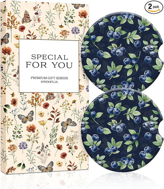 Swooflia Car Coasters for Women - Blueberry Ceramic Car Cupholder Coaster Absorbent Mat Coaster with Cork Base 2 Pack 2.55 inch Automotive Cup Holder Accessories New Driver Gifts for Decor