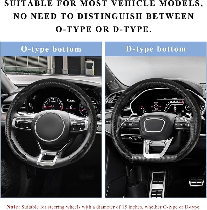 Steering Wheel Cover, 15 Inch Anti-Slip Breathable Steering Wheel Protector Auto Interior Decor, Heat-Resistant Comfort Grip Wheel Cover Universal for Most Cars Trucks SUVs (Carbon Fiber Black)