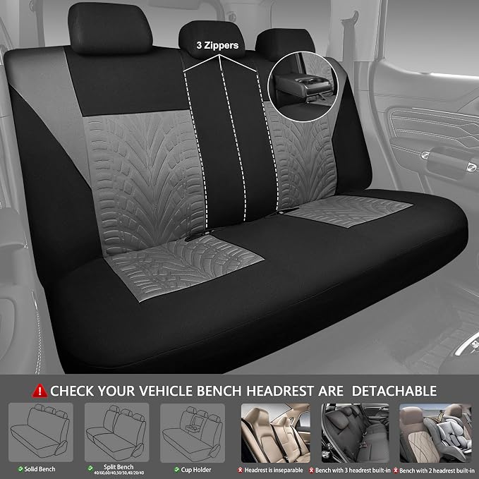 CAR PASS Car Seat Covers Full Sets, Front & Split Rear Bench for Car, 3D Tyre Embossed Automotive Interior Covers, Airbag Compatible, Quick Setup Universal Fit Seat Covers for Car, SUV(Black Gray)