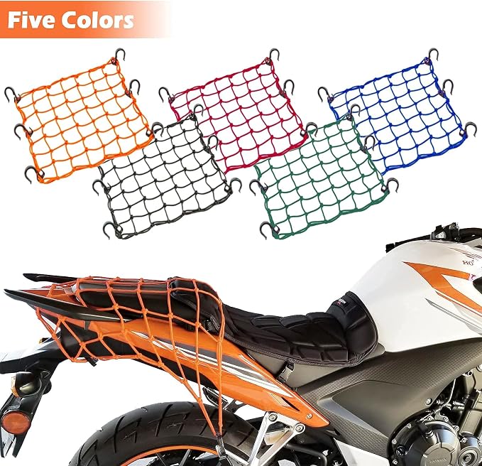 Small Cargo Net 15"x15" Stretches to 30"x30" with Thicken Hooks | Natural Latex Core, Tight 2”x2” Mesh Heavy Duty Bungee Net for Motorcycle Helmet, Bike, ATV, UTV, Luggage (Blue, 1 Pack)