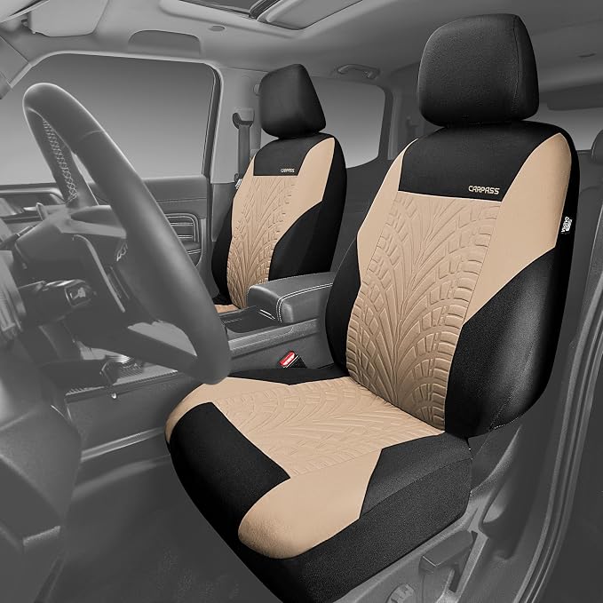 CAR PASS Car Seat Covers Two Front Only for Car, 3D Tyre Print Automotive Interior Covers, Airbag Compatible, Quick Setup Universal Fit Seat Covers for Car, Truck, SUV(Black and Beige)