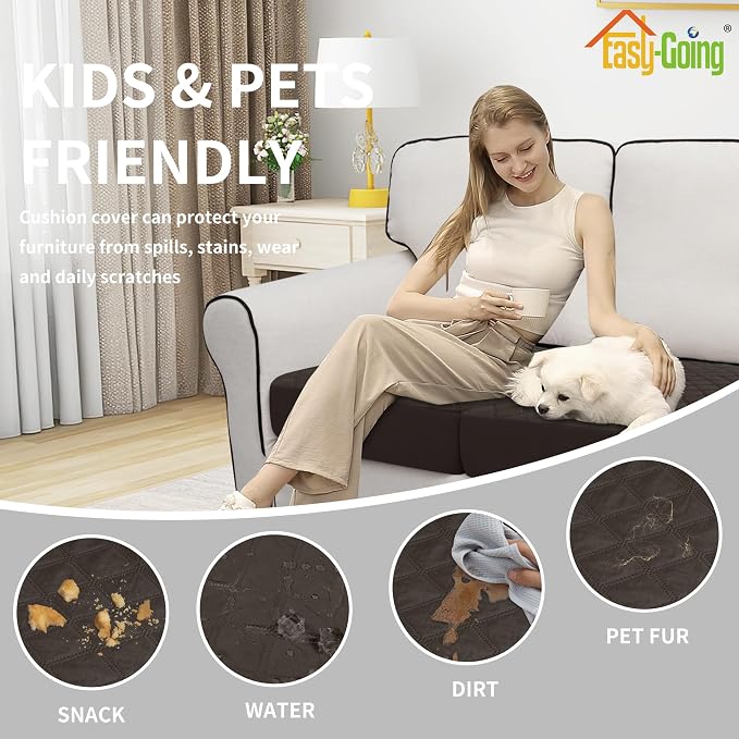 Easy-Going Waterproof Oversized Chair Cushion Covers, Non-Slip Leakproof Sofa Seat Cushion Slipcovers, Quilted and Stretch Furniture Protector for Dogs (1-Piece Oversized Chair Cushion, Chocolate)