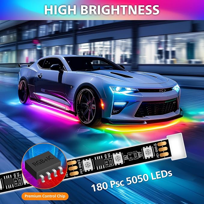 Underglow LED Light Kit 180 RGBI DIY Neon Strip for Car Truck | Underbody Exterior Accent Lighting with 16 Million Colors Music Sync Mode, for RV, SUV, Boat, Vans, 12V DC, IP65 Waterproof
