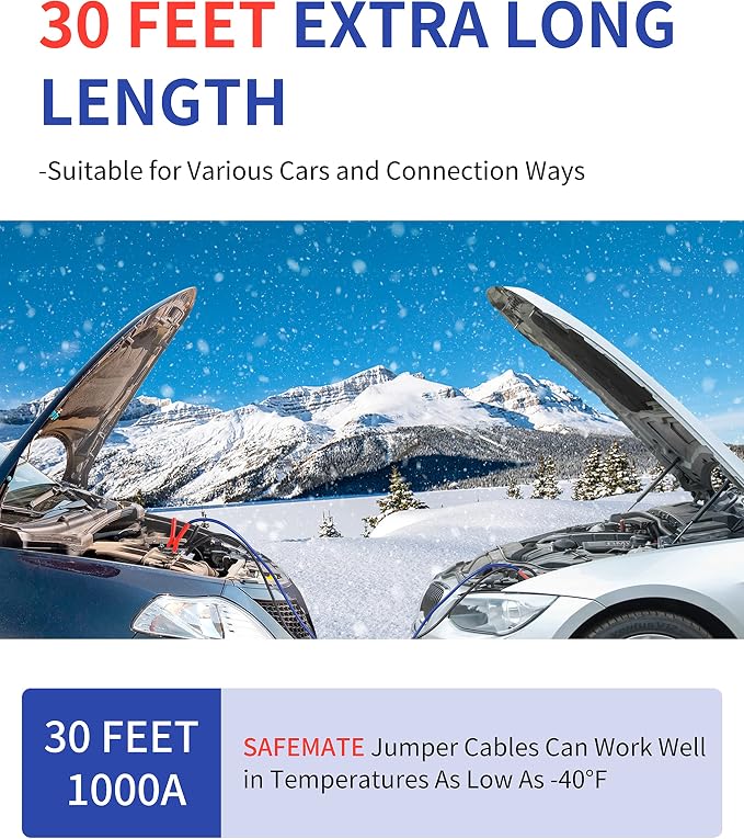 SAFEMATE 0 Gauge 30FT Heavy Duty Jumper Cables for Diesel Trucks, Pickup & SUV – 1000A Booster Cable with Quick Connect Plug, Tangle-Free, Carry Bag – 12V/24V