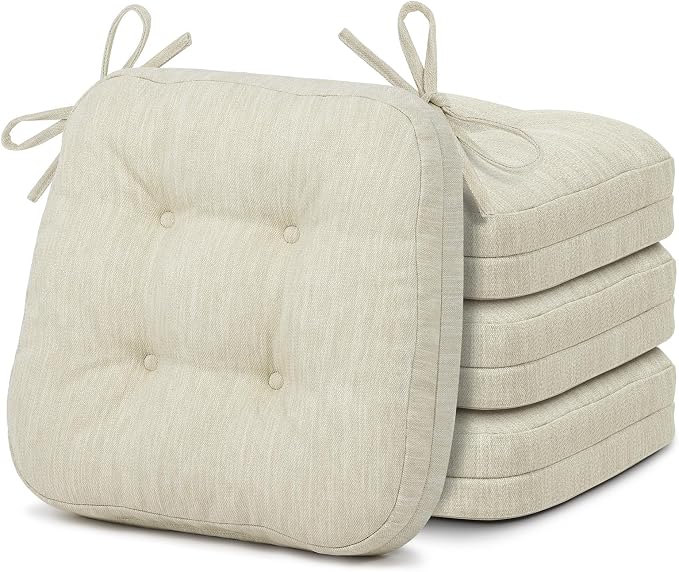 Shinnwa Dining Chair Cushions Set of 4, Dual-Layer Memory Foam Kitchen Chair Cushions, Patented Design Seat Pads with Ties, 16.5 x 16.5 x 3.5in, 4 Pack, Ivory