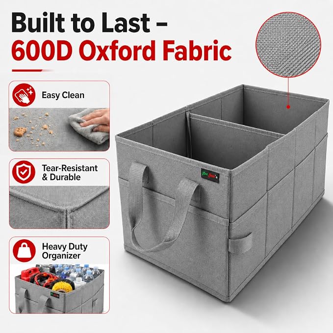 PAT SAM'S Car Trunk Organizer for SUV, Foldable Collapsible Storage Organizer with Dividers, Non-Slip Waterproof 600D Oxford, Backseat & Trunk Storage for Groceries, Tools, Toys (Gray)