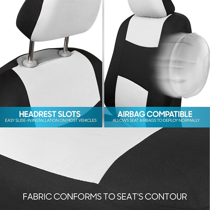BDK PolyPro Car Seat Covers Full Set in White on Black, Front and Rear Split Bench Seat Covers for Cars, Easy to Install Car Seats Cover Set and Accessories for Auto Trucks Van SUV - White