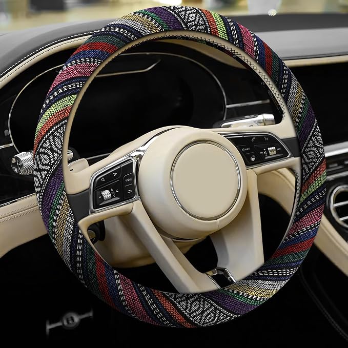 Boho Steering Wheel Cover, Ethnic Style Car Steering Wheel Cover Protector, Anti-Slip Flax Cloth Cover Universal Fits 14.5-15 Inch Steering Wheel, Interior Car Accessories(B Style)