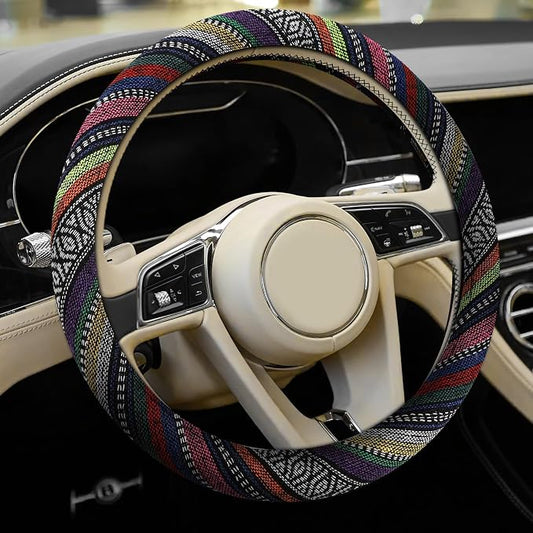 Boho Steering Wheel Cover, Ethnic Style Car Steering Wheel Cover Protector, Anti-Slip Flax Cloth Cover Universal Fits 14.5-15 Inch Steering Wheel, Interior Car Accessories(B Style)