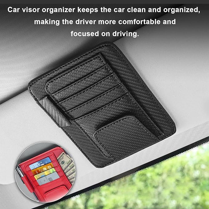 Dickno Small Leather Car Sun Visor Organizer, Multifunctional Auto Visor Document Holder with Sunglasses Clip, Universal Car Interior Organizer for Driving License, Card, Pen (Carbon Fiber Black)