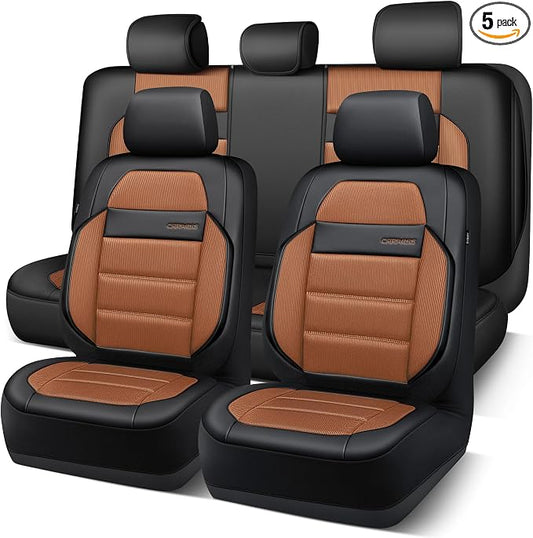 CAR PASS Memory Foam Seat Covers Full Sets, Airy Cool Mesh Thick Car Seat Covers, Leather Car Seat Covers 5 Seats Airbag Compatible, Universal Automotive Comfort for Most Cars, Trucks, SUV, Brown