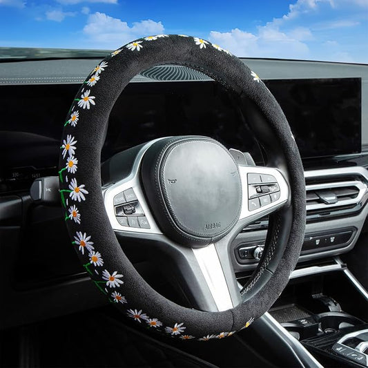 Embroidered Daisy Cute Black Steering Wheel Cover, Auto Anti-Slip Breathable Rubber Steering Wheel Protector, Floral Car Accessories for Women,Universal Size Fit Most Cars -15 inch