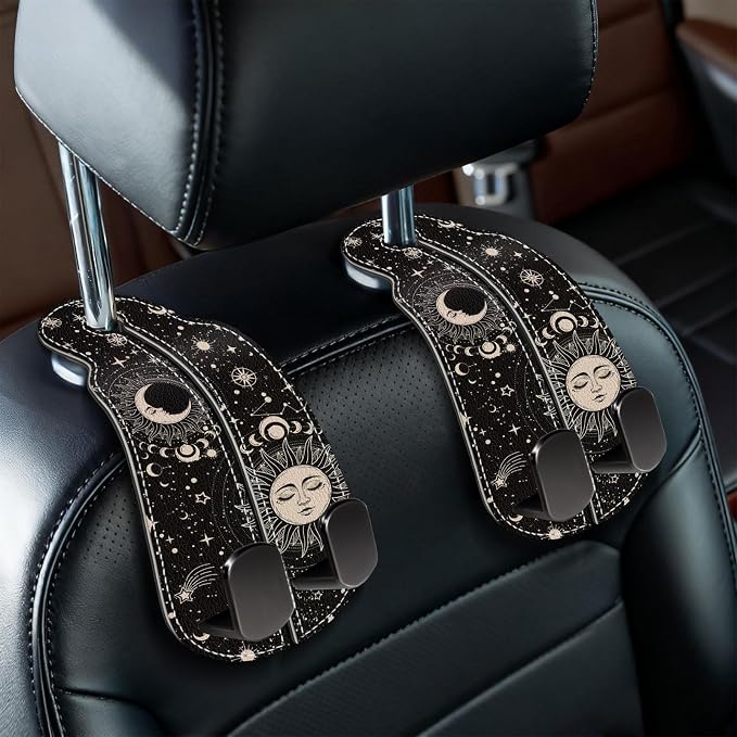 Blusabaca 2PCS Car Seat Back Storage Headrest Hooks, Sun and Moon Purse Holder Bags Hanger, PU Leather Double Metal Hook for Backseat Organizer, Women Car Accessories Organization