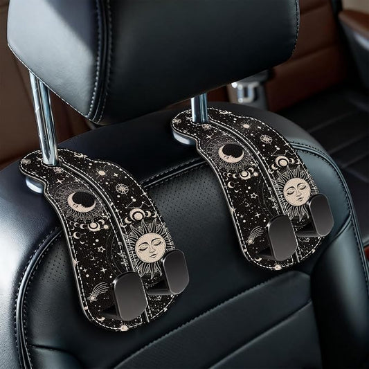 Blusabaca 2PCS Car Seat Back Storage Headrest Hooks, Sun and Moon Purse Holder Bags Hanger, PU Leather Double Metal Hook for Backseat Organizer, Women Car Accessories Organization