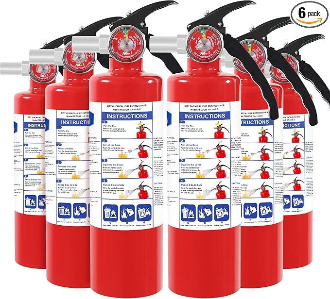 6 Pack ABC Dry Chemical Fire Extinguishers with Mount | 2.5 lb 1A:10B:C Rating for Home, Car, Boat, Quick Release Handle, Compact & Portable Dry Powder Extinguisher