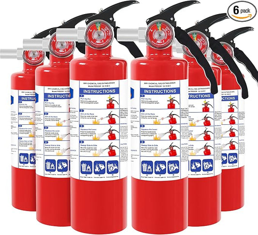 6 Pack ABC Dry Chemical Fire Extinguishers with Mount | 2.5 lb 1A:10B:C Rating for Home, Car, Boat, Quick Release Handle, Compact & Portable Dry Powder Extinguisher